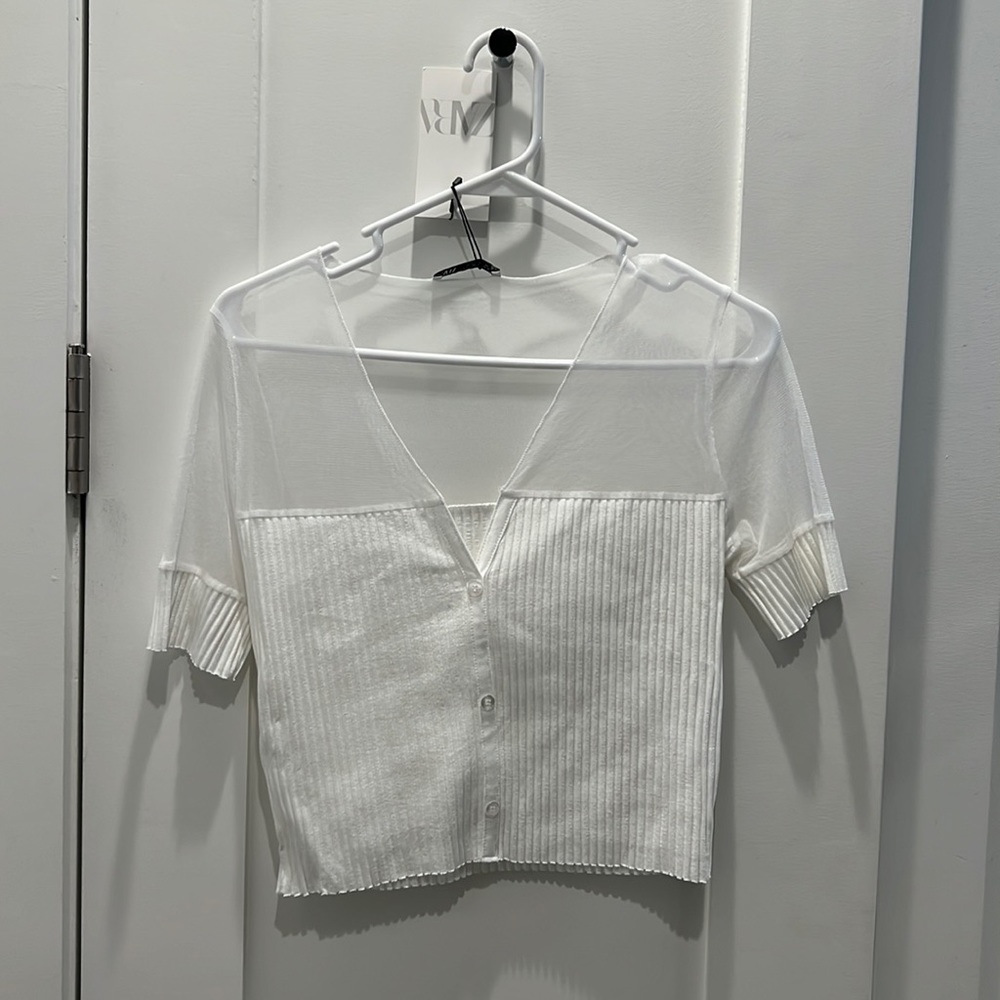 white zara knit/mesh top L, NWT